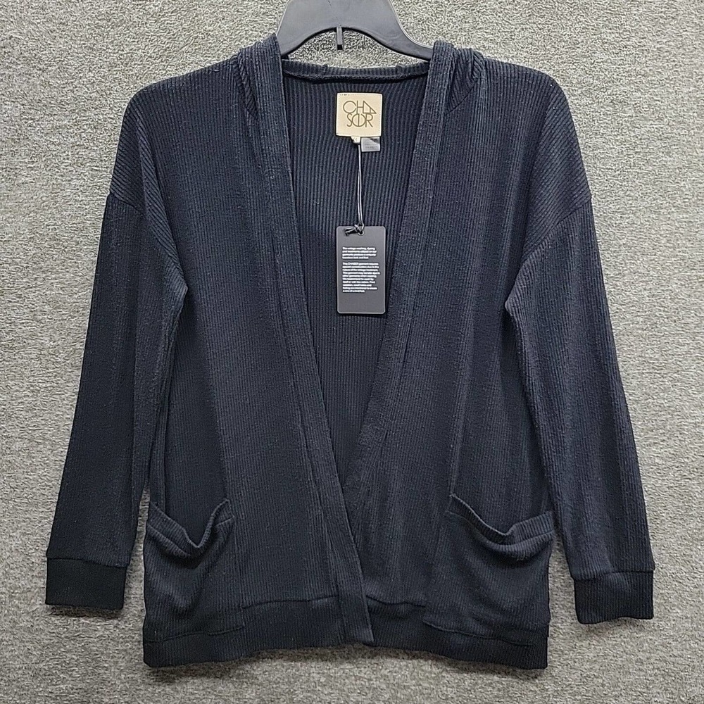 Chaser Hooded Black Open Cardigan Front Pockets Women's Medium NWT